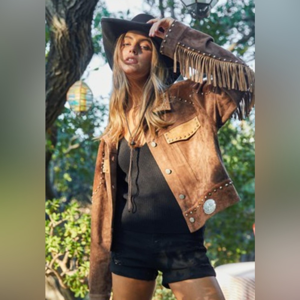 Fringe suede studded western jacket